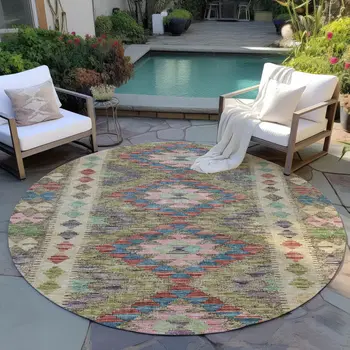 8' Green Round Geometric Washable Indoor Outdoor Area Rug