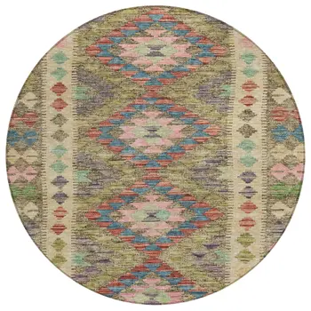 8' Green Round Geometric Washable Indoor Outdoor Area Rug