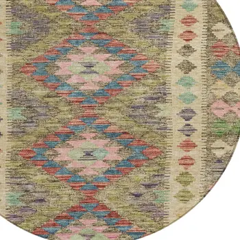 8' Green Round Geometric Washable Indoor Outdoor Area Rug