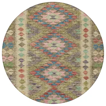 8' Green Round Geometric Washable Indoor Outdoor Area Rug