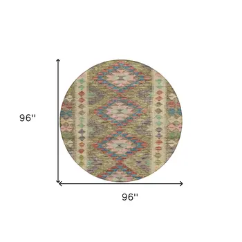 8' Green Round Geometric Washable Indoor Outdoor Area Rug