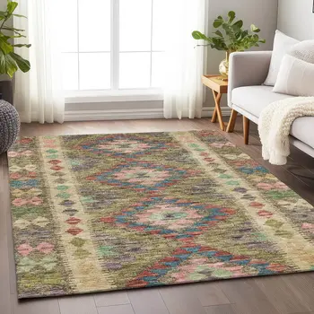 8' X 10' Green Geometric Washable Indoor Outdoor Area Rug