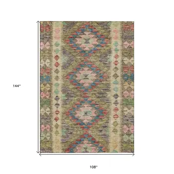 9' X 12' Green Geometric Washable Indoor Outdoor Area Rug
