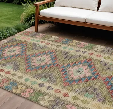 10' X 14' Green Geometric Washable Indoor Outdoor Area Rug