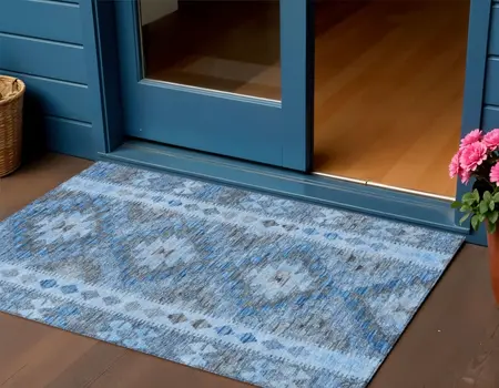 3' X 5' Navy Blue Geometric Washable Indoor Outdoor Area Rug