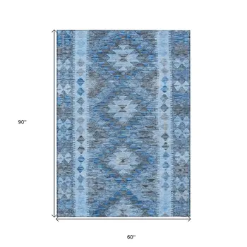 5' X 8' Navy Blue Geometric Washable Indoor Outdoor Area Rug