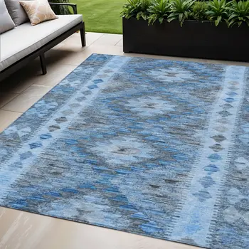 5' X 8' Navy Blue Geometric Washable Indoor Outdoor Area Rug