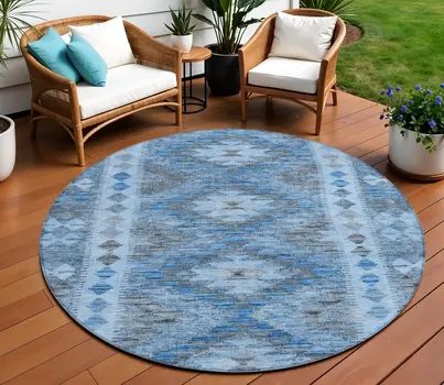 8' Navy Blue Round Geometric Washable Indoor Outdoor Area Rug