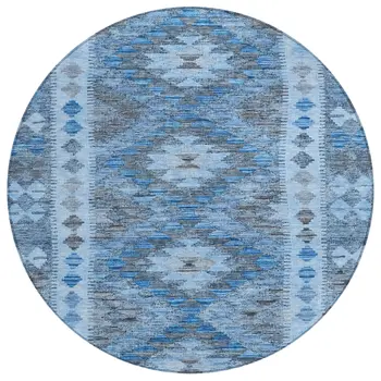 8' Navy Blue Round Geometric Washable Indoor Outdoor Area Rug