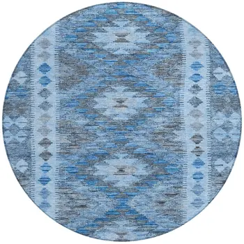 8' Navy Blue Round Geometric Washable Indoor Outdoor Area Rug
