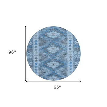 8' Navy Blue Round Geometric Washable Indoor Outdoor Area Rug