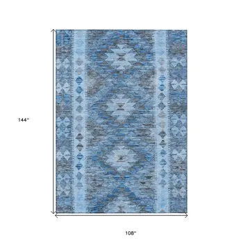 9' X 12' Navy Blue Geometric Washable Indoor Outdoor Area Rug