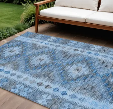 9' X 12' Navy Blue Geometric Washable Indoor Outdoor Area Rug