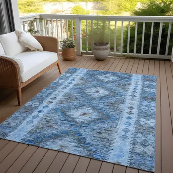 9' X 12' Navy Blue Geometric Washable Indoor Outdoor Area Rug