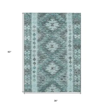 3' X 5' Teal Blue Geometric Washable Indoor Outdoor Area Rug