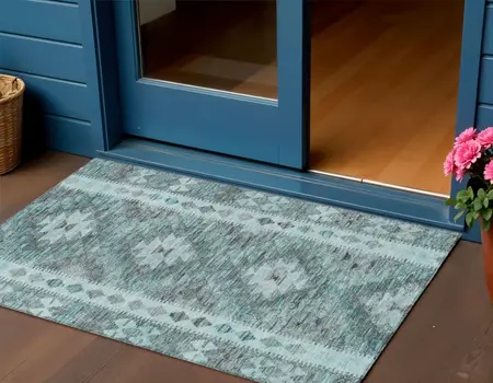3' X 5' Teal Blue Geometric Washable Indoor Outdoor Area Rug
