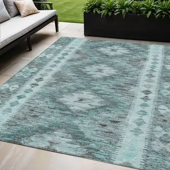 5' X 8' Teal Blue Geometric Washable Indoor Outdoor Area Rug