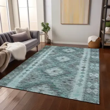 5' X 8' Teal Blue Geometric Washable Indoor Outdoor Area Rug