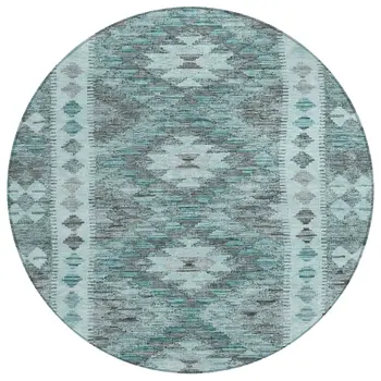 8' Teal Blue Round Geometric Washable Indoor Outdoor Area Rug