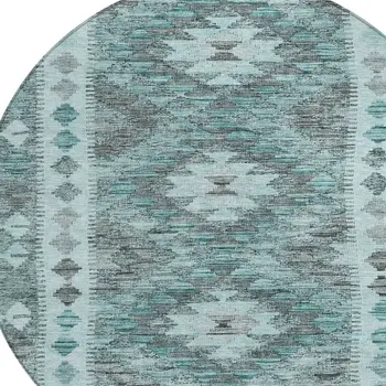 8' Teal Blue Round Geometric Washable Indoor Outdoor Area Rug