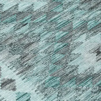 8' Teal Blue Round Geometric Washable Indoor Outdoor Area Rug