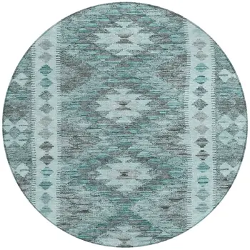 8' Teal Blue Round Geometric Washable Indoor Outdoor Area Rug