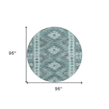 8' Teal Blue Round Geometric Washable Indoor Outdoor Area Rug