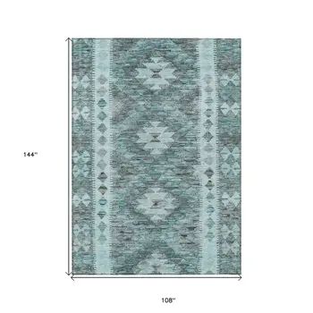 9' X 12' Teal Blue Geometric Washable Indoor Outdoor Area Rug