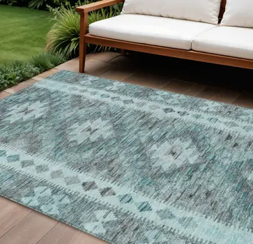 10' X 14' Teal Blue Geometric Washable Indoor Outdoor Area Rug