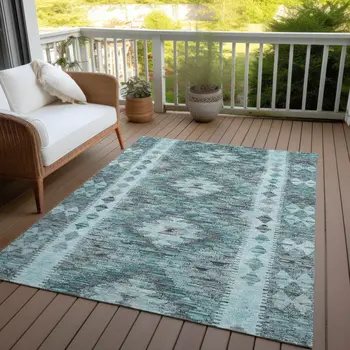 10' X 14' Teal Blue Geometric Washable Indoor Outdoor Area Rug