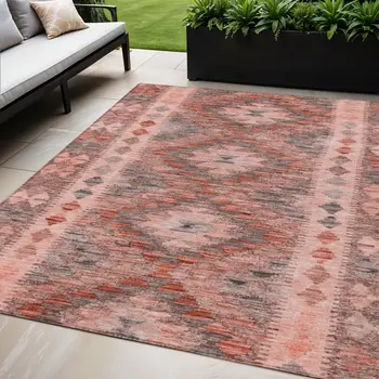 5' X 8' Terra Cotta Geometric Washable Indoor Outdoor Area Rug