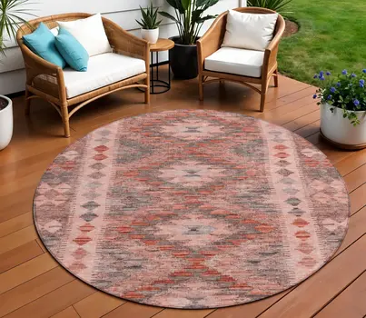 8' Terra Cotta Round Geometric Washable Indoor Outdoor Area Rug