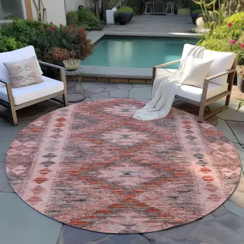 8' Terra Cotta Round Geometric Washable Indoor Outdoor Area Rug
