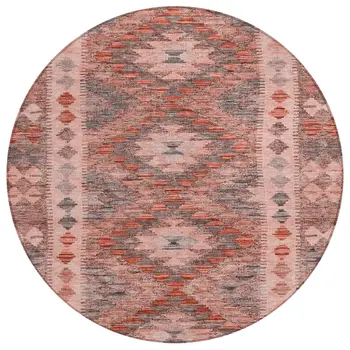 8' Terra Cotta Round Geometric Washable Indoor Outdoor Area Rug