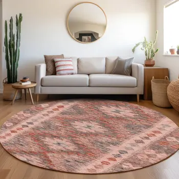 8' Terra Cotta Round Geometric Washable Indoor Outdoor Area Rug