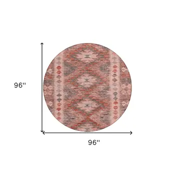 8' Terra Cotta Round Geometric Washable Indoor Outdoor Area Rug
