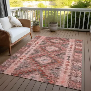 8' X 10' Terra Cotta Geometric Washable Indoor Outdoor Area Rug