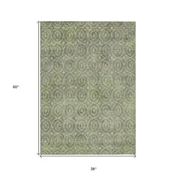 3' X 5' Artichoke Green Geometric Washable Indoor Outdoor Area Rug