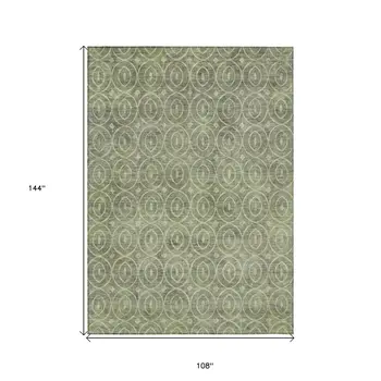 9' X 12' Artichoke Green Geometric Washable Indoor Outdoor Area Rug