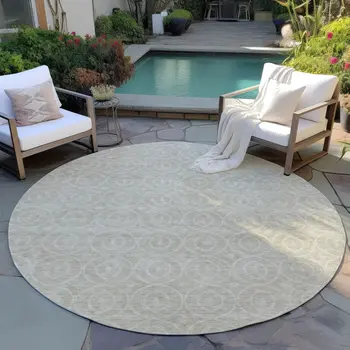 8' Beige Round Geometric Washable Indoor Outdoor Area Rug