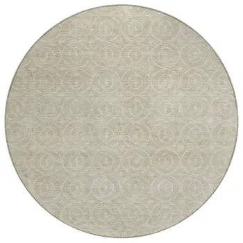 8' Beige Round Geometric Washable Indoor Outdoor Area Rug