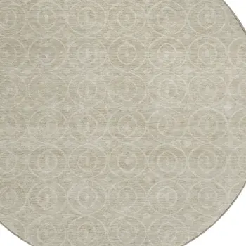 8' Beige Round Geometric Washable Indoor Outdoor Area Rug