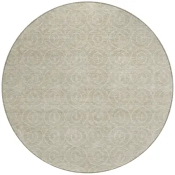 8' Beige Round Geometric Washable Indoor Outdoor Area Rug