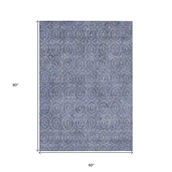 5' X 8' Denim Blue Geometric Washable Indoor Outdoor Area Rug