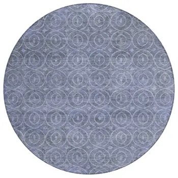8' Denim Blue Round Geometric Washable Indoor Outdoor Area Rug