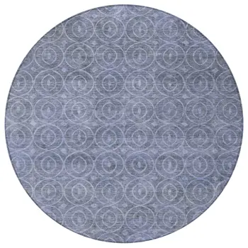 8' Denim Blue Round Geometric Washable Indoor Outdoor Area Rug
