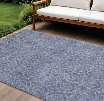 10' X 14' Denim Blue Geometric Washable Indoor Outdoor Area Rug