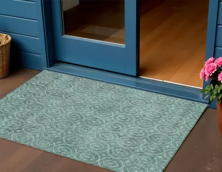 3' X 5' Teal Blue Geometric Washable Indoor Outdoor Area Rug