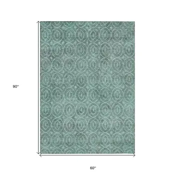 5' X 8' Teal Blue Geometric Washable Indoor Outdoor Area Rug