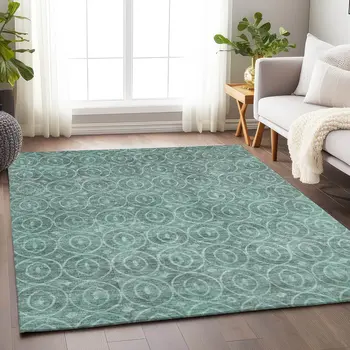 5' X 8' Teal Blue Geometric Washable Indoor Outdoor Area Rug